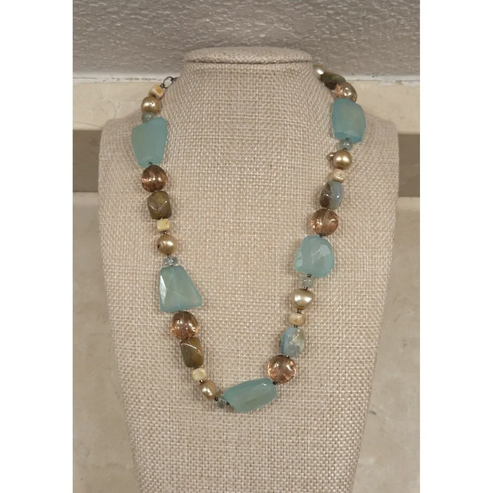 Sterling Silver Chunky‎ Gems & Pearls Necklace 15.5-17.5